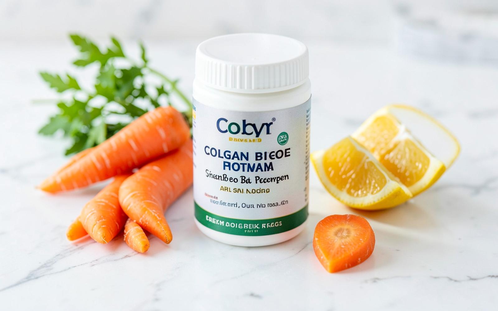 Collagen supplement with carrots and citrus on a marble surface