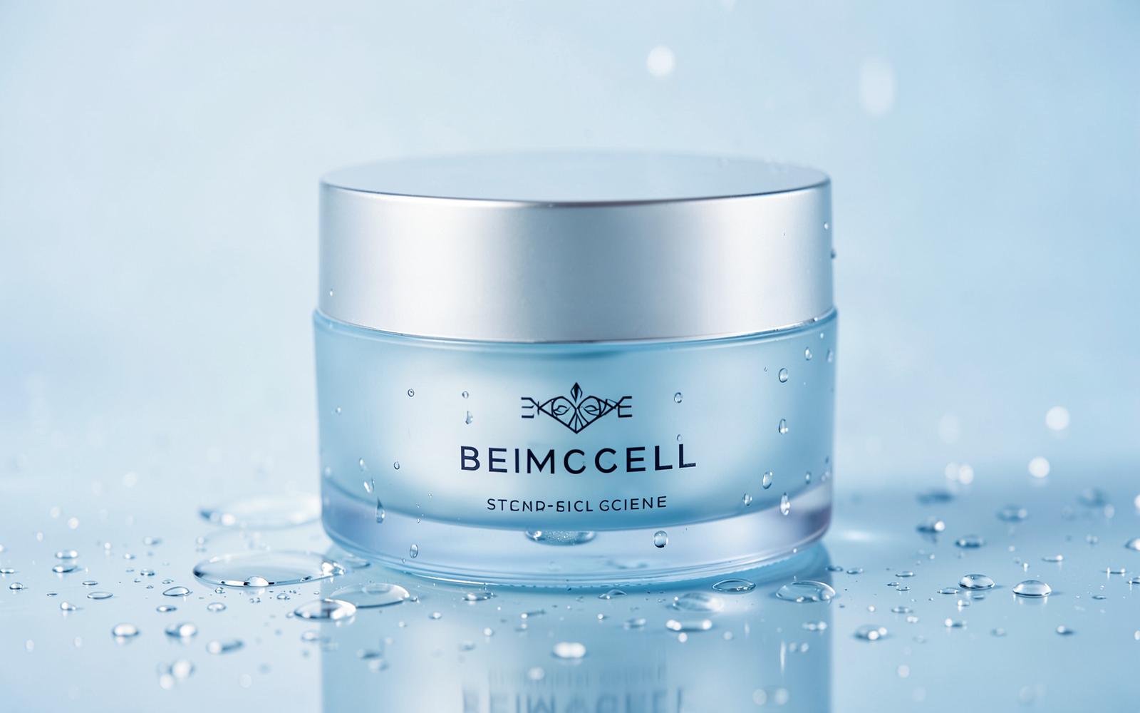 Premium stem cell skincare cream jar with water droplets