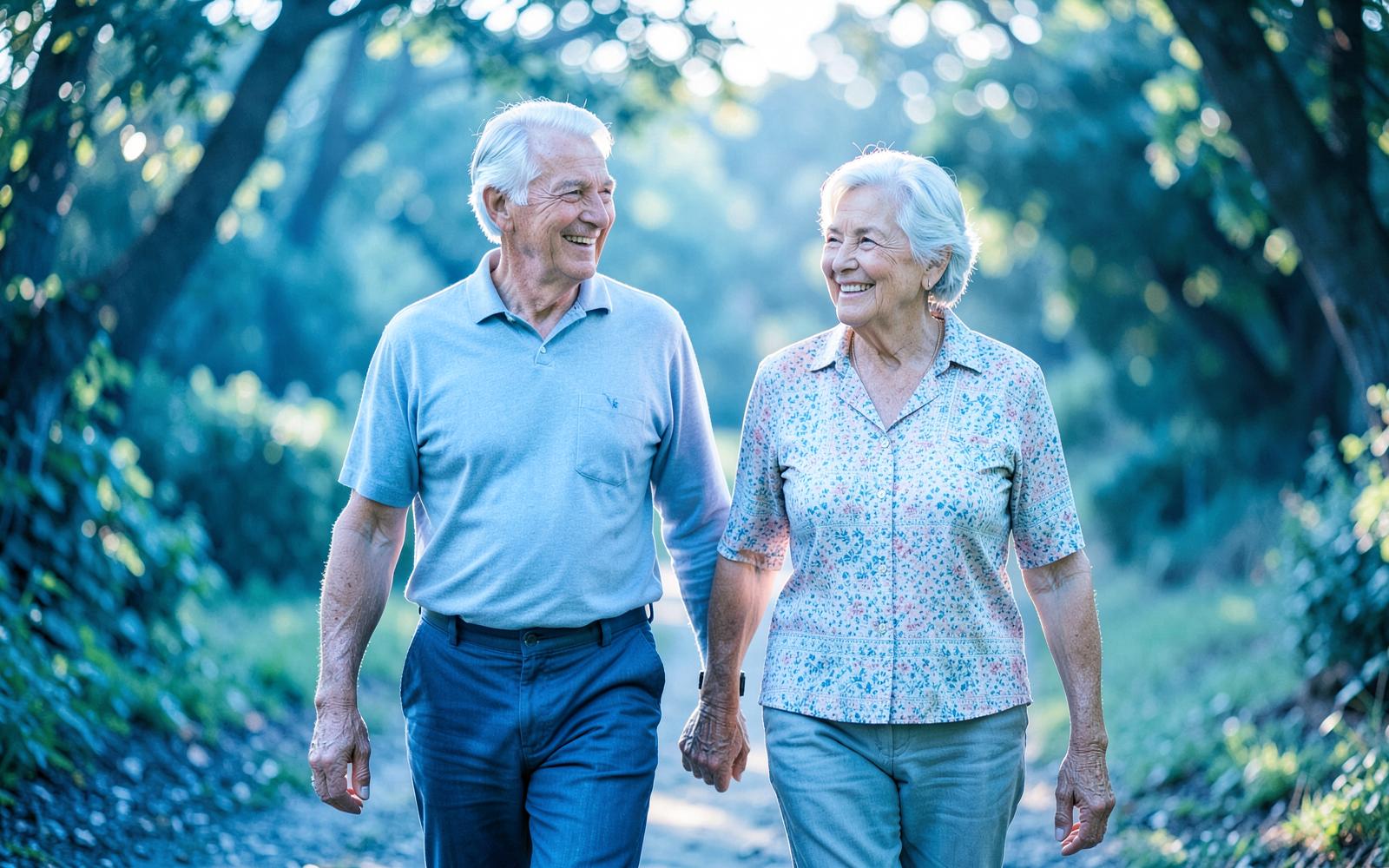 Active older couple walking outdoors in morning light