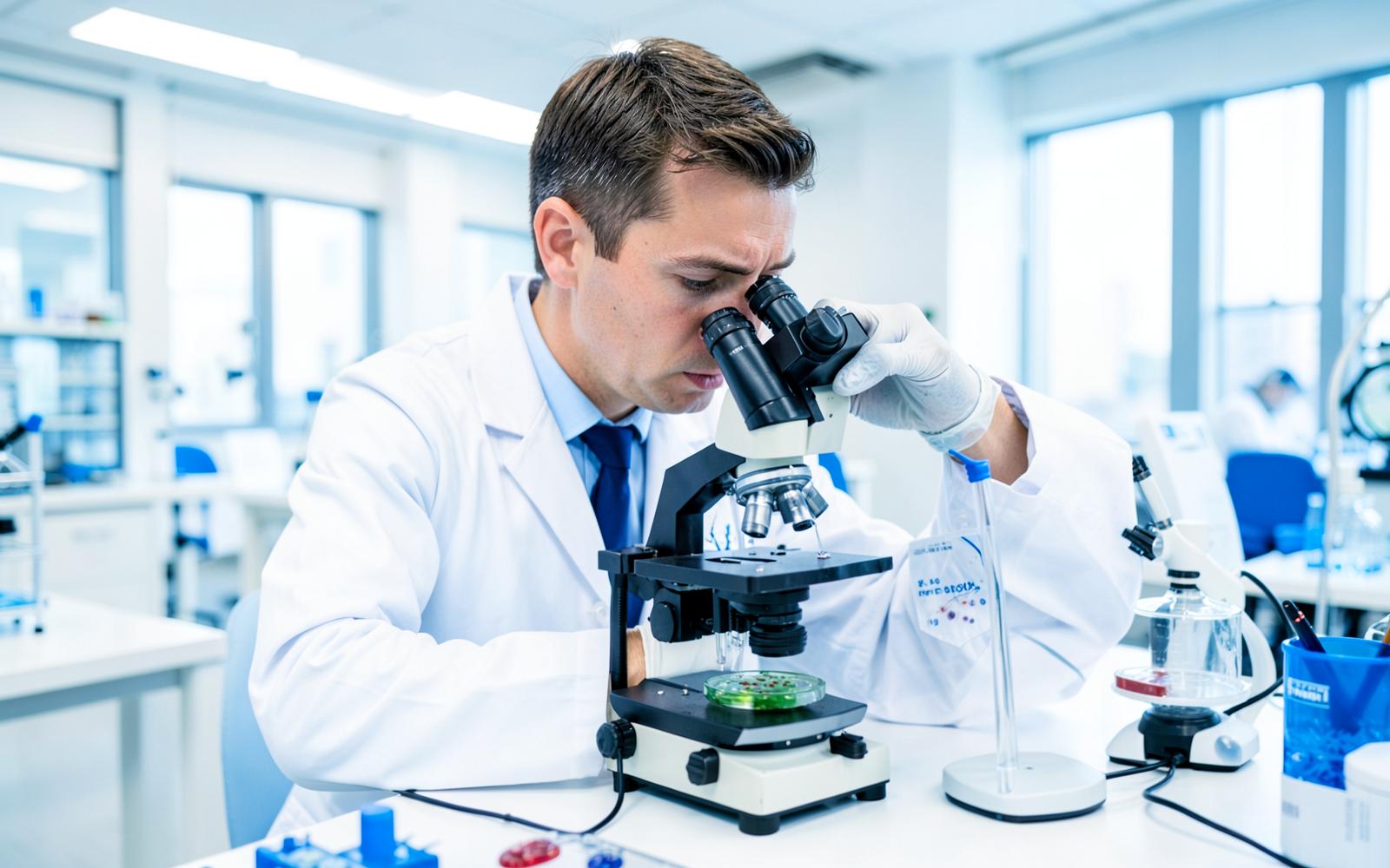 Researcher examining stem cell cultures under a microscope